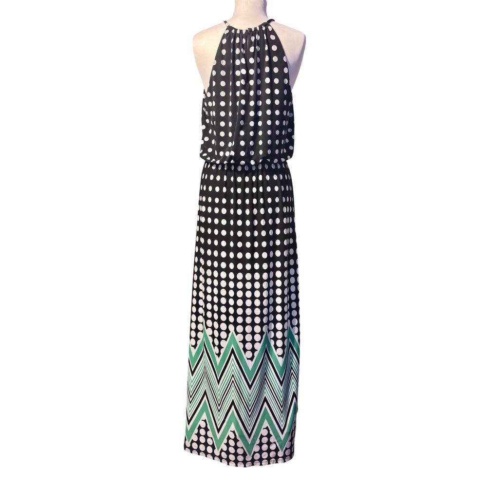 Maggy London Maxi Dress Women 12 Black White Polka Dot Chevron Halter Excellent